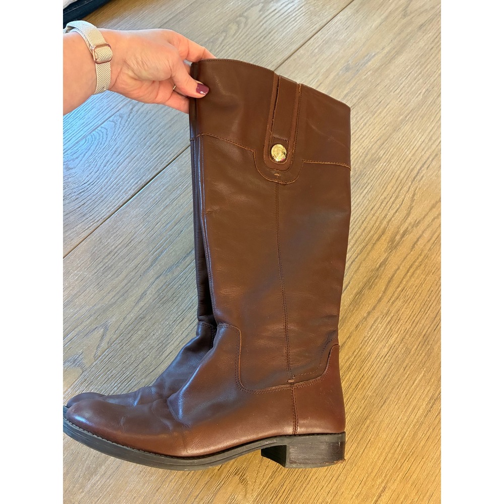 Tommy Hilfiger Womens Brown Leather Tall Riding Boots Size 8M Gold Logo Accent